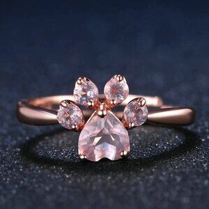 Adjustable Rose Gold-Plated 925 Sterling Silver Ring Rose Quartz Paw